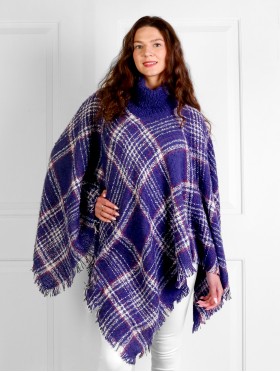 Loose Neck Poncho W/ Big Plaid